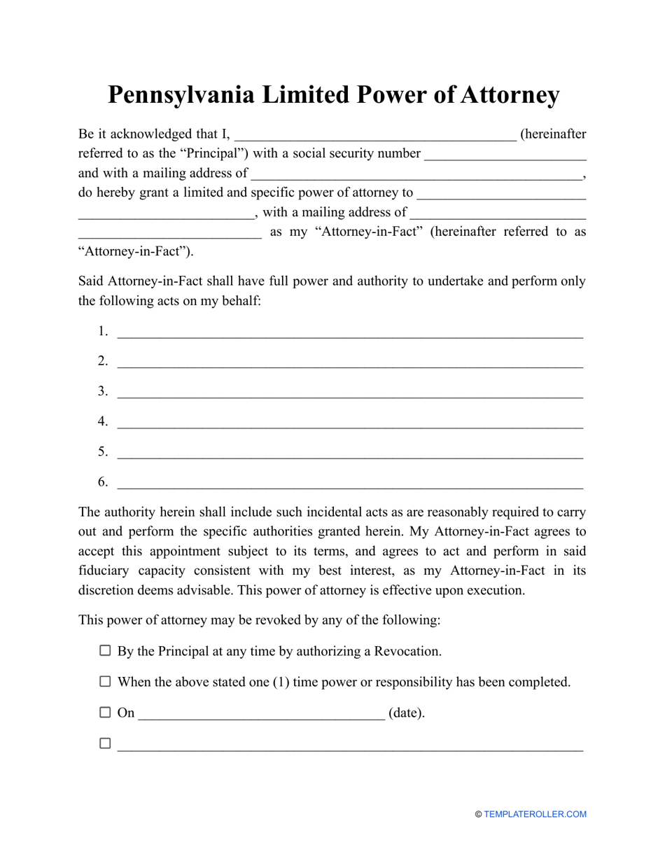 Pennsylvania Limited Power of Attorney Template - Fill Out, Sign Online ...