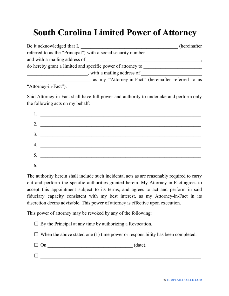 Limited Power of Attorney Template - South Carolina, Page 1
