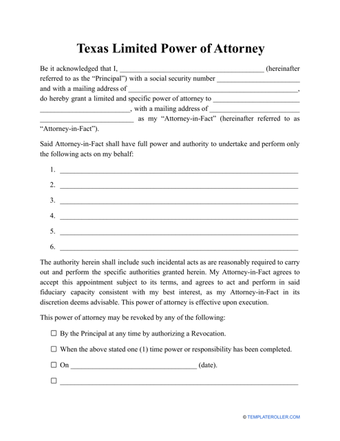 Limited Power of Attorney Template - Texas Download Pdf