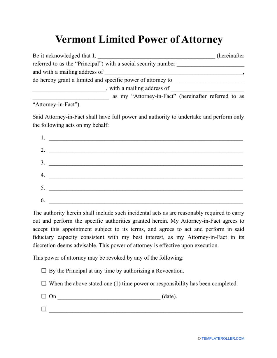 Vermont Limited Power of Attorney Template Fill Out, Sign Online and