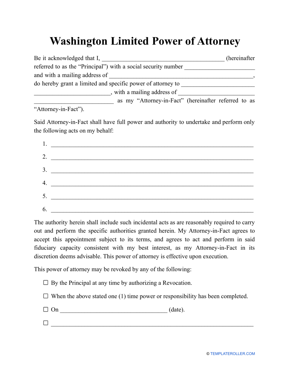 Limited Power of Attorney Template - Washington, Page 1