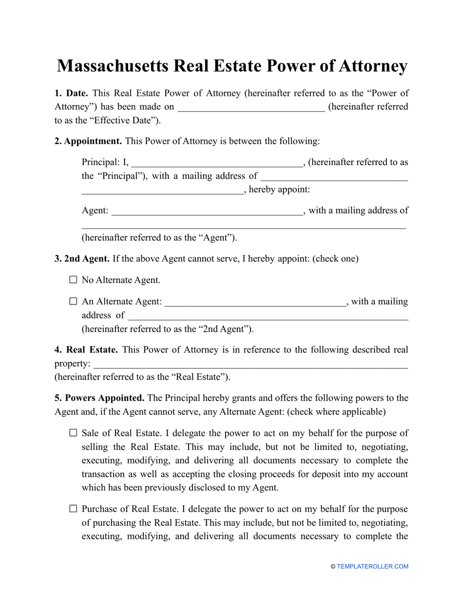 Real Estate Power of Attorney Template - Massachusetts, Page 1