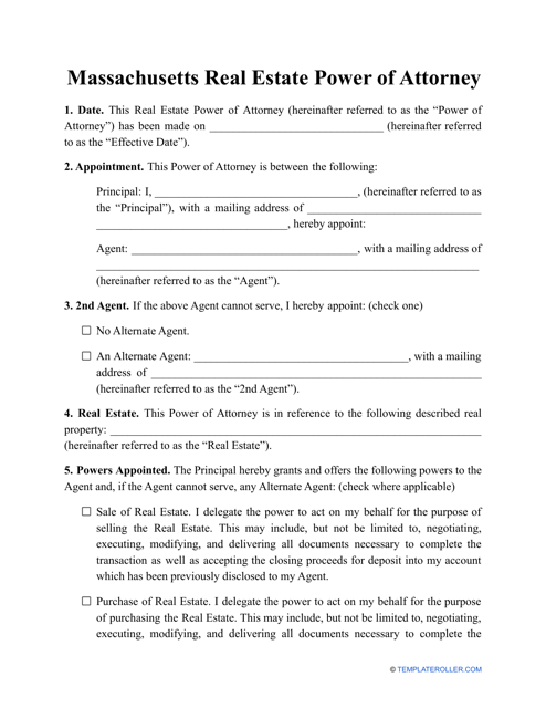 Real Estate Power of Attorney Template - Massachusetts Download Pdf