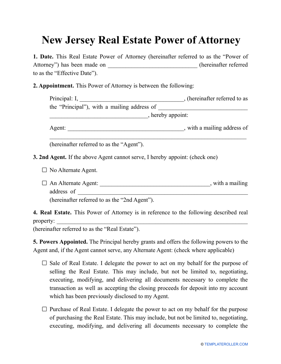 Real Estate Power of Attorney Template - New Jersey, Page 1