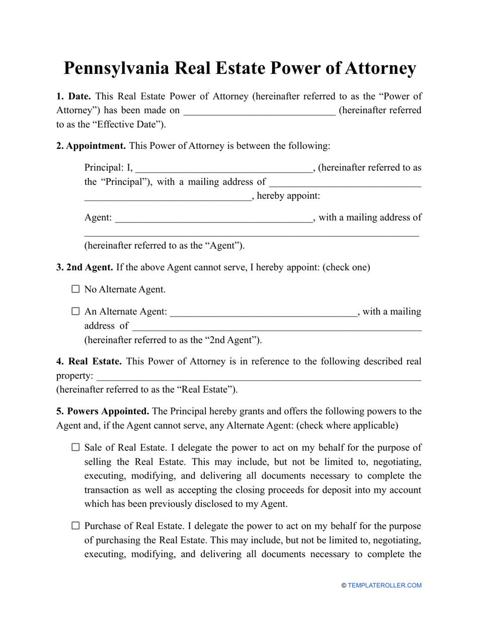 Pennsylvania Real Estate Power of Attorney Template Fill Out, Sign