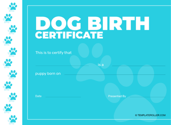 Document preview: Dog Birth Certificate Template - Blue