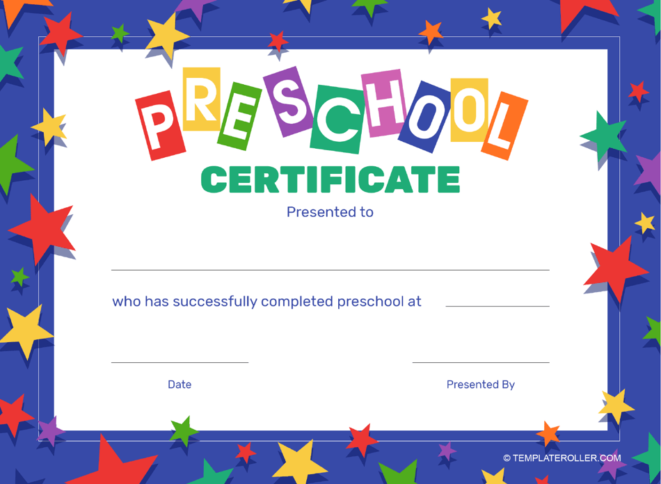 Preschool Certificate Template Blue Frame With Stars Download Printable ...