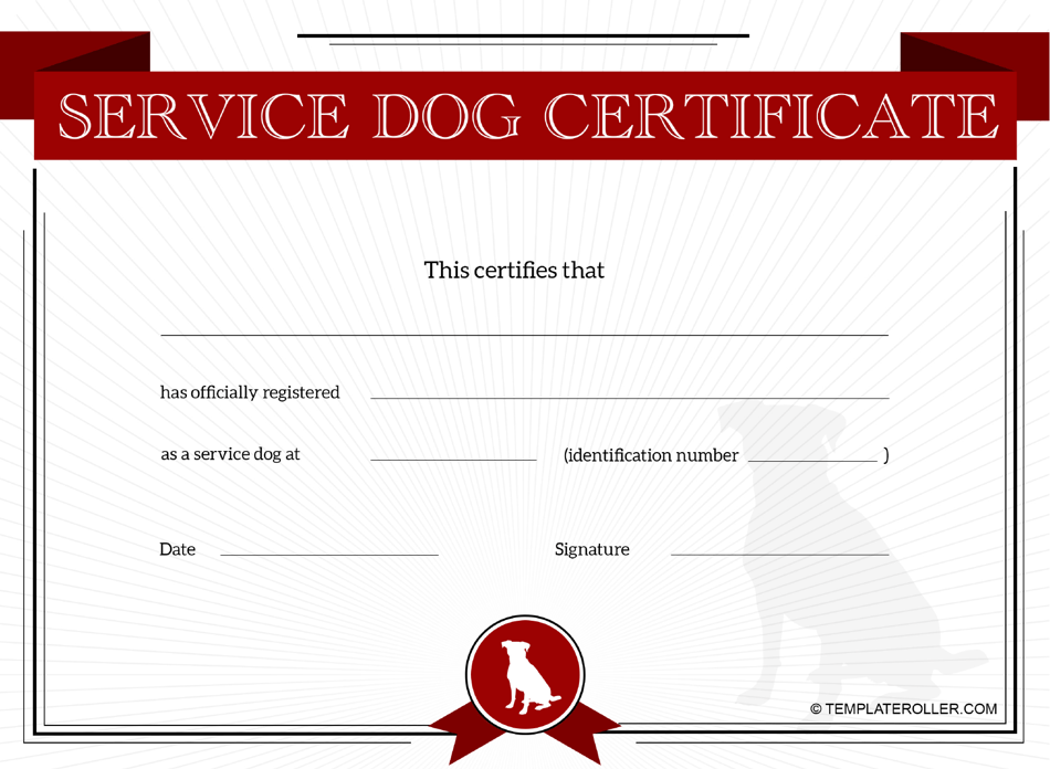 Service Dog Certificate Template Red Download Printable PDF