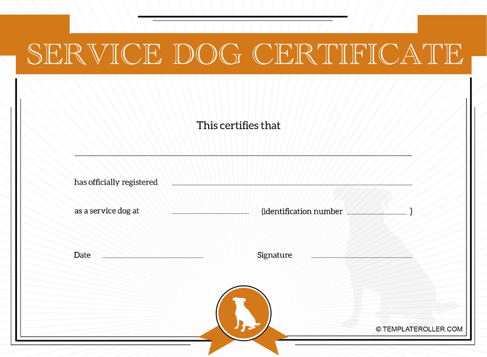 Service Dog Certificate Template Orange Download Printable PDF
