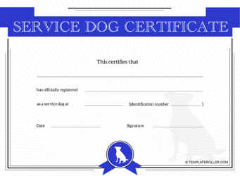 &quot;Service Dog Certificate Template - Blue&quot;