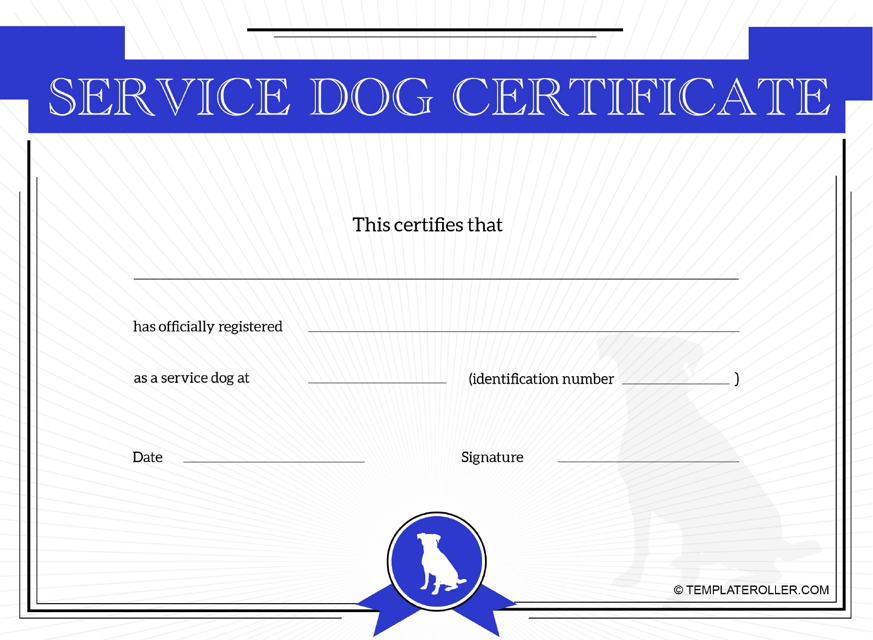 &quot;Service Dog Certificate Template - Blue&quot; Download Pdf