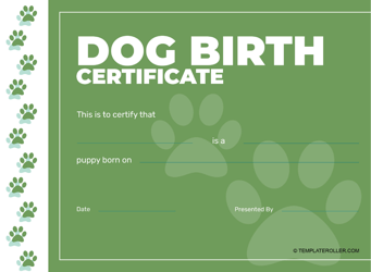 Document preview: Dog Birth Certificate Template - Green