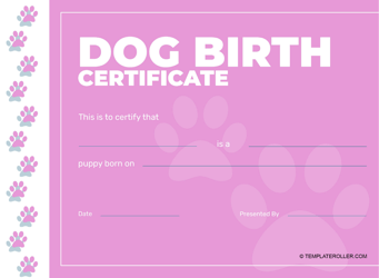 Document preview: Dog Birth Certificate Template - Pink