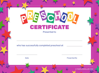 &quot;Preschool Certificate Template - Pink Frame With Stars&quot;