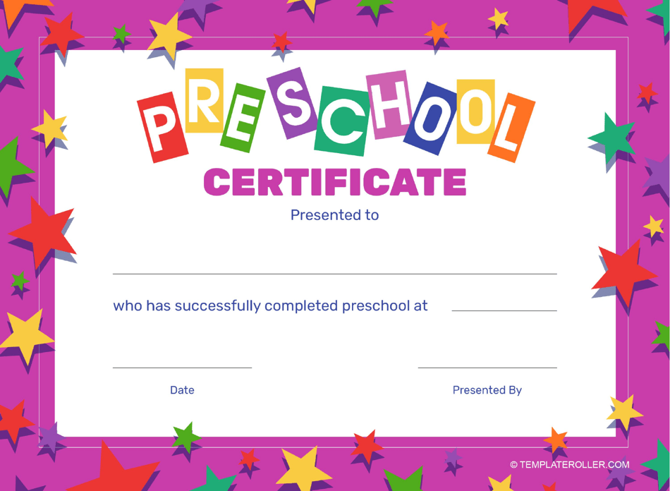 A beautifully designed Preschool Certificate Template featuring a pink frame embellished with stars.