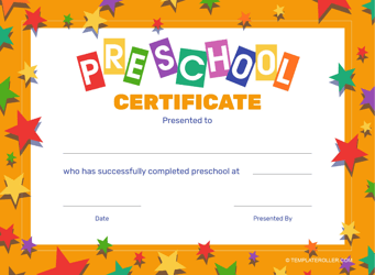 &quot;Preschool Certificate Template - Orange Frame With Stars&quot;