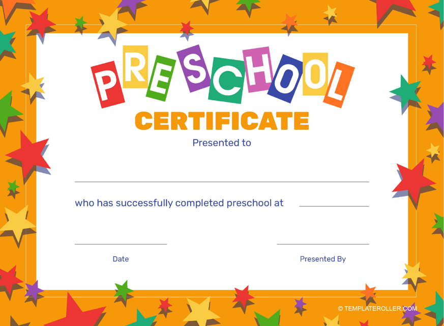 &quot;Preschool Certificate Template - Orange Frame With Stars&quot; Download Pdf