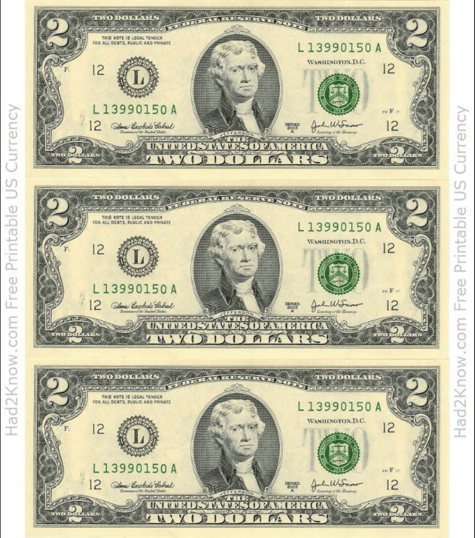 Two Dollar Bill Template - Front