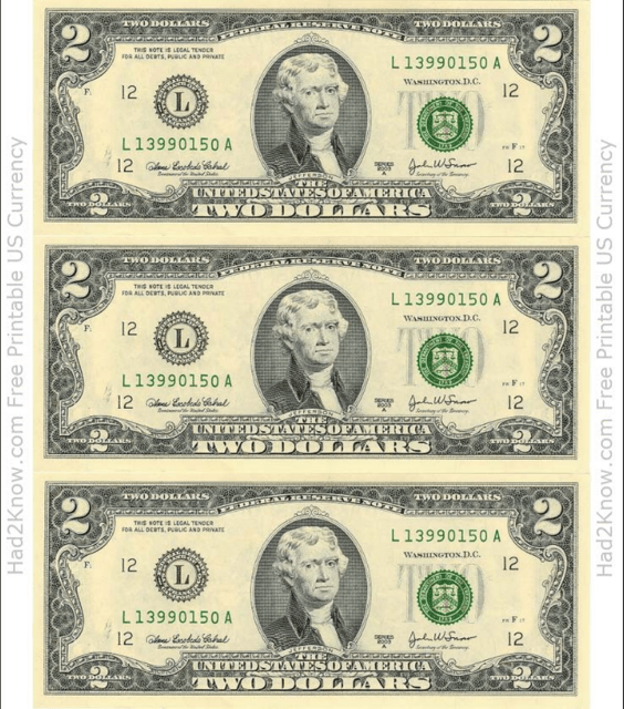 Two Dollar Bill Template - Front