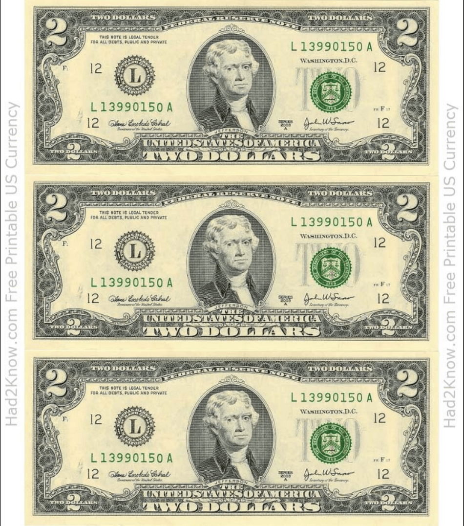 Two Dollar Bill Template - Front Download Printable PDF | Templateroller