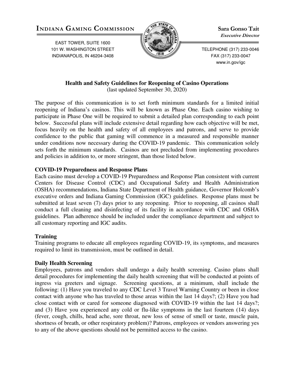 Health and Safety Guidelines for Reopening of Casino Operations - Indiana, Page 1