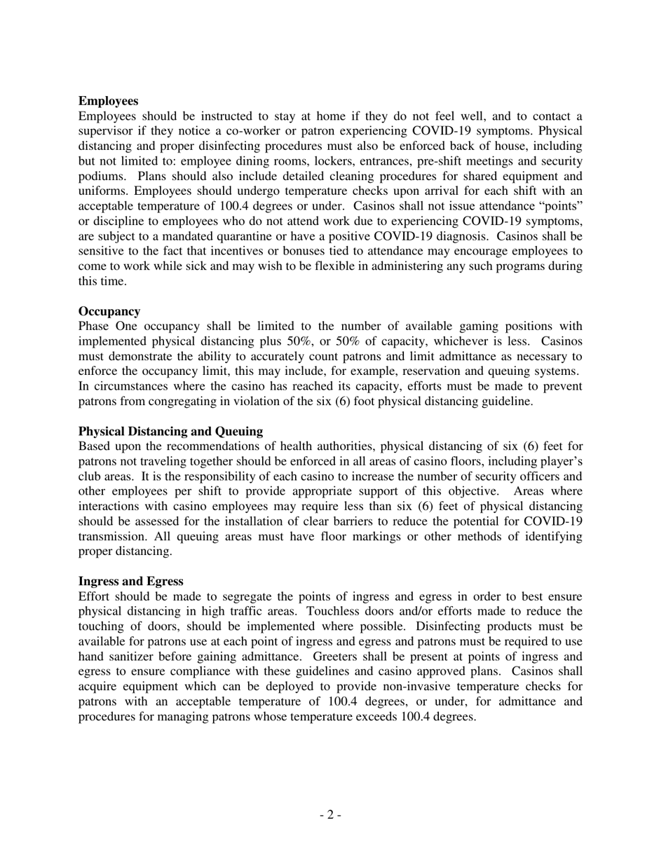 Health and Safety Guidelines for Reopening of Casino Operations - Indiana, Page 2