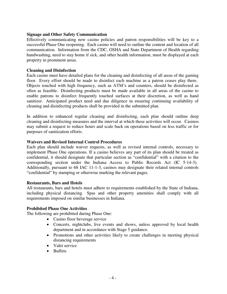 Health and Safety Guidelines for Reopening of Casino Operations - Indiana, Page 4