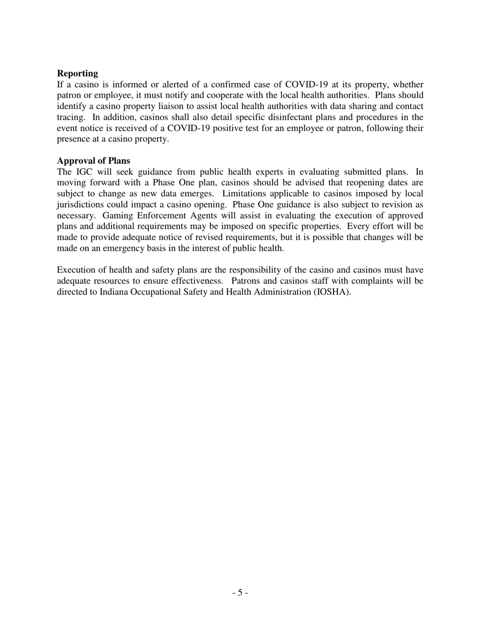 Health and Safety Guidelines for Reopening of Casino Operations - Indiana, Page 5