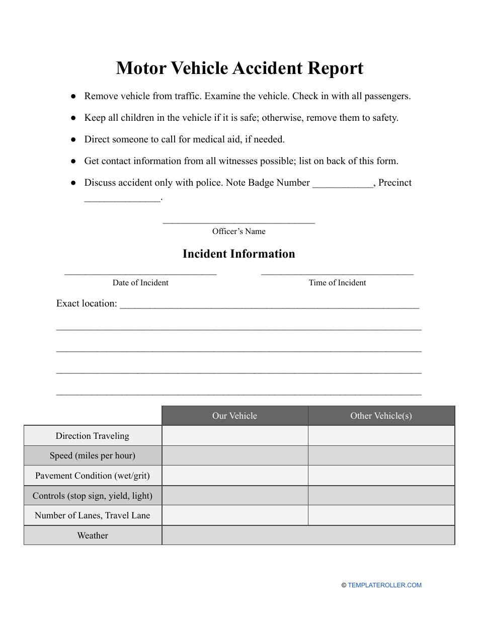 Motor Vehicle Accident Report Template, Page 1