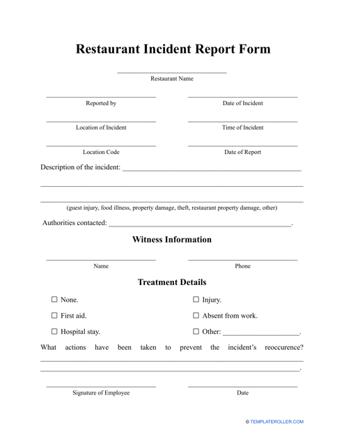 Restaurant Incident Report Form Download Pdf