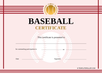 Document preview: Baseball Certificate Template - Red