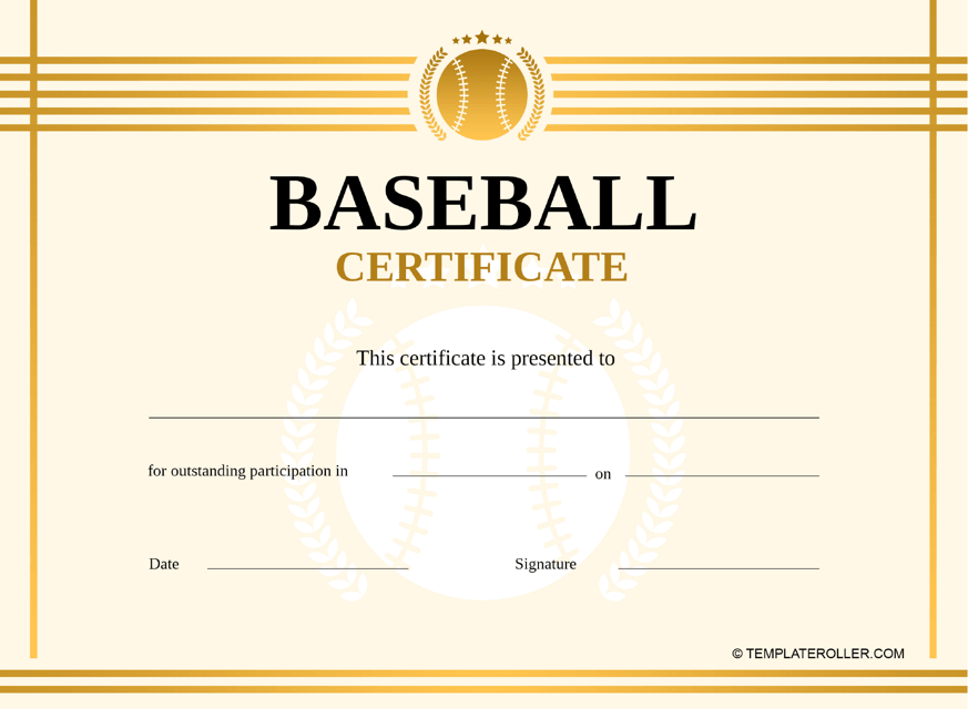 Baseball certificate template with gold design element