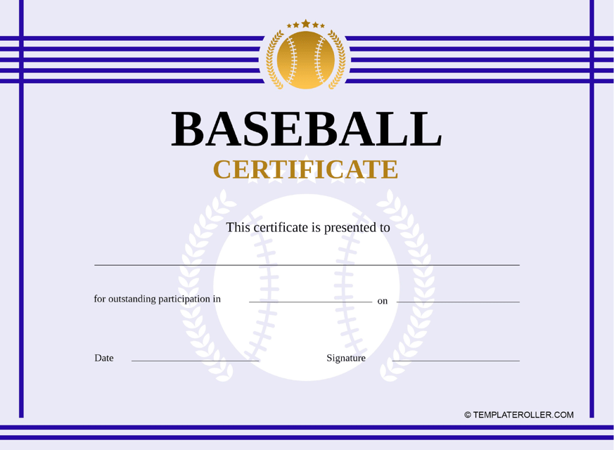 &quot;Baseball Certificate Template - Blue&quot; Download Pdf