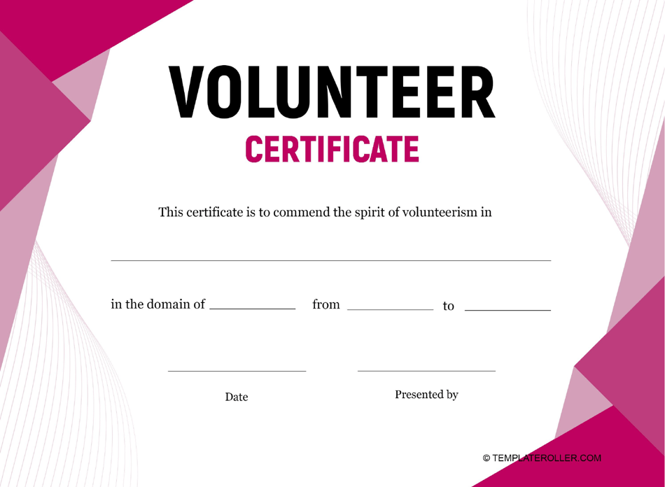 Volunteer Certificate Template in Pink design