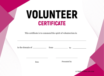Document preview: Volunteer Certificate Template - Pink