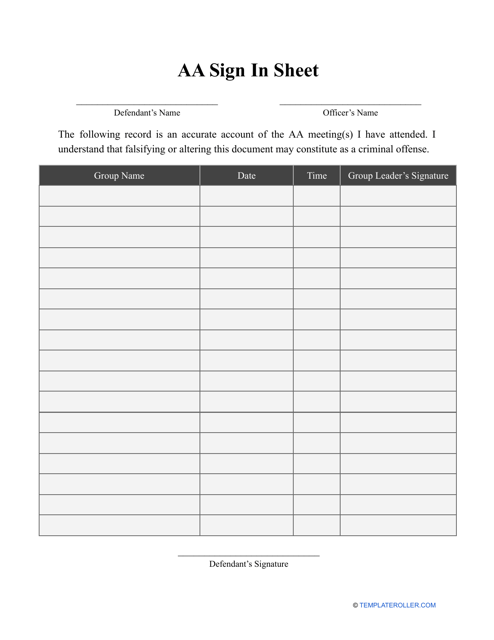 A participant sign-in sheet template for AA meetings