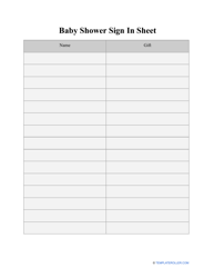 Document preview: Baby Shower Sign in Sheet Template