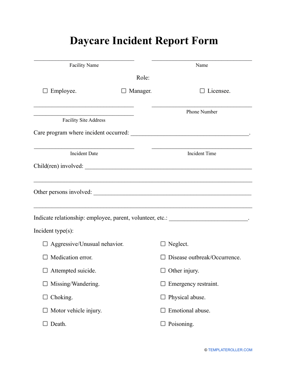 Daycare Incident Report Form, Page 1