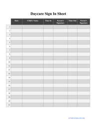 Document preview: Daycare Sign in Sheet Template