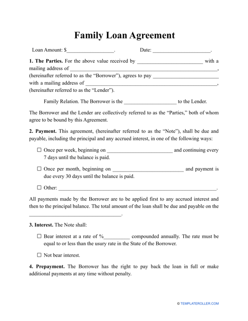 &quot;Family Loan Agreement Template&quot; Download Pdf