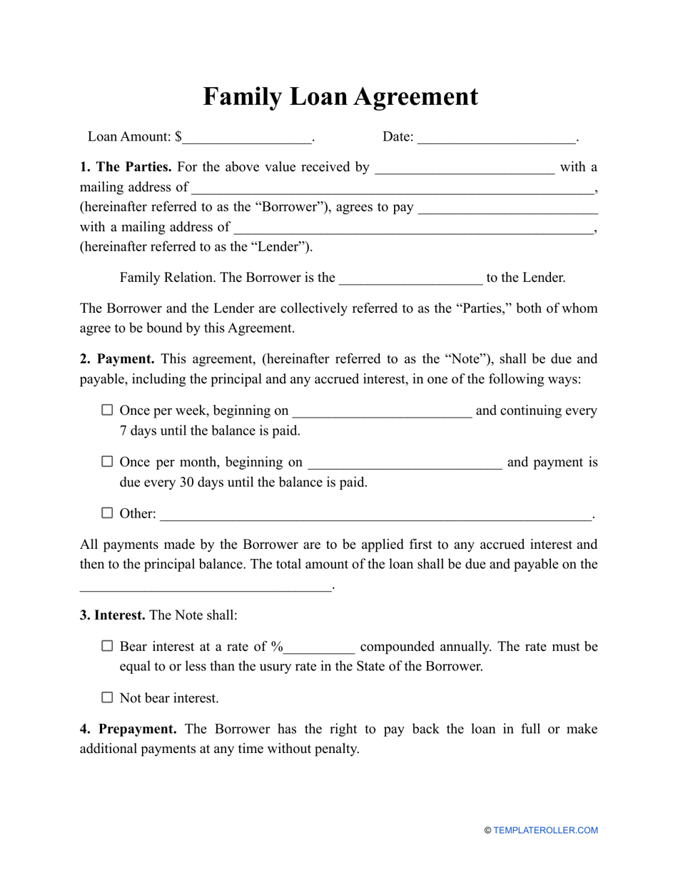 Family Loan Agreement Template, Page 1