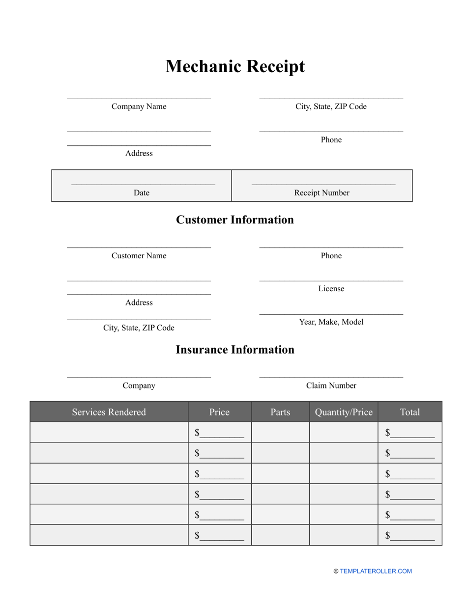 Mechanic Receipt Template Fill Out, Sign Online and Download PDF