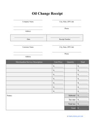 Document preview: Oil Change Receipt Template