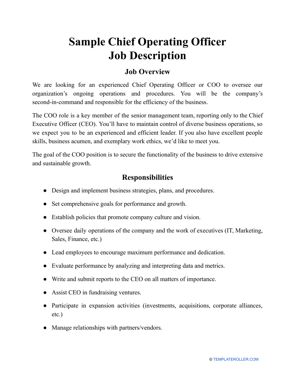 Sample Chief Operating Officer Job Description, Page 1