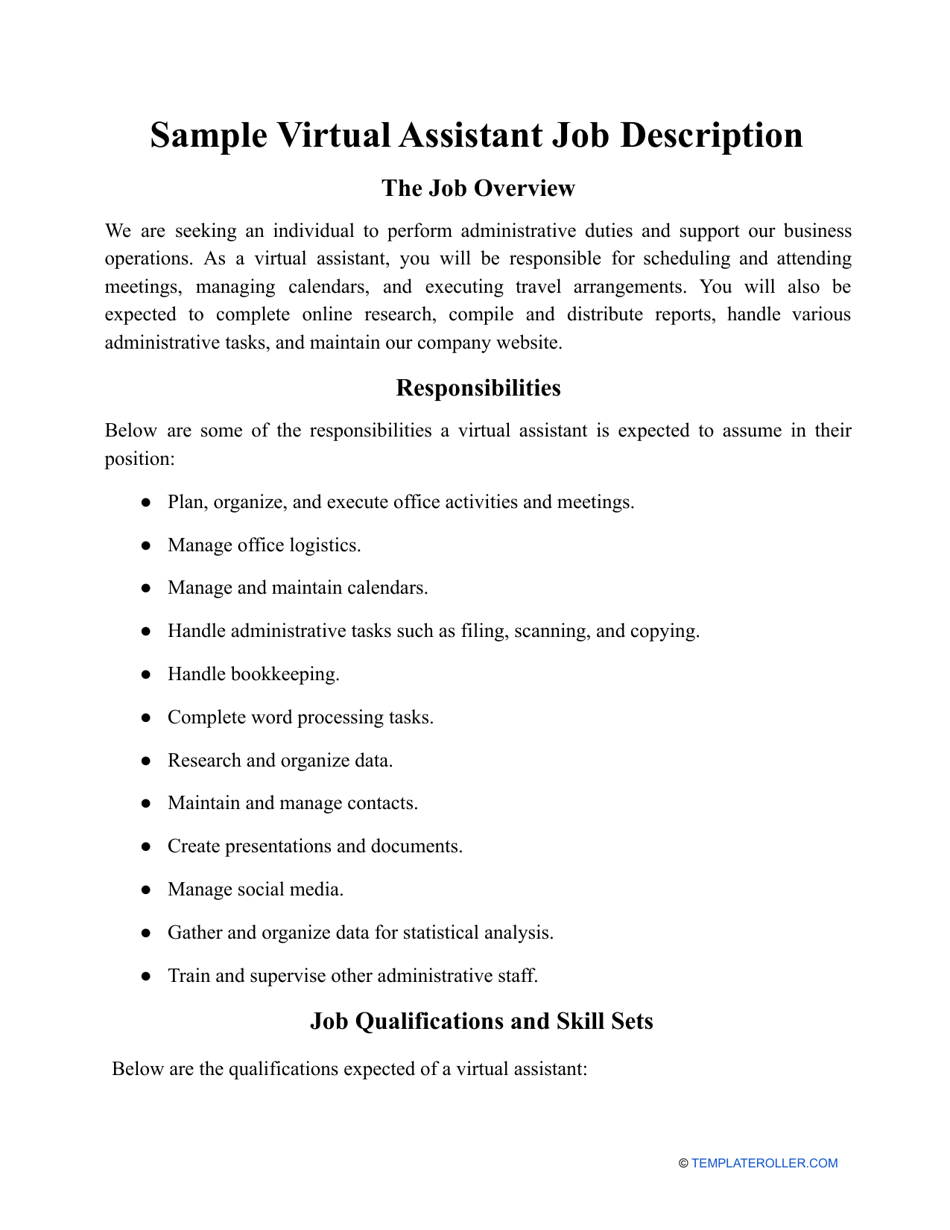 Sample Virtual Assistant Job Description Download Printable PDF 