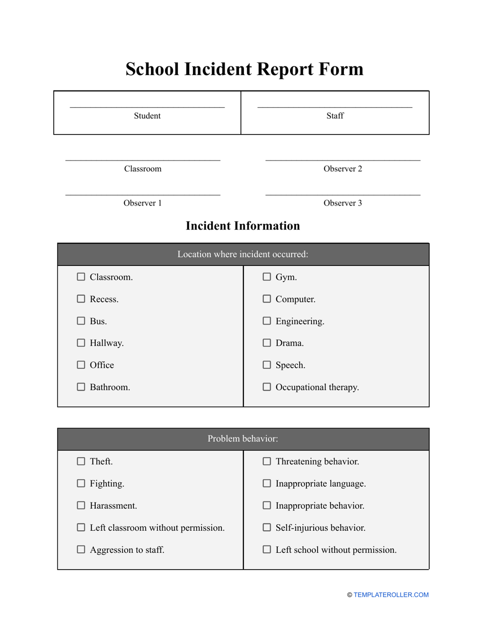 School Incident Report Form, Page 1