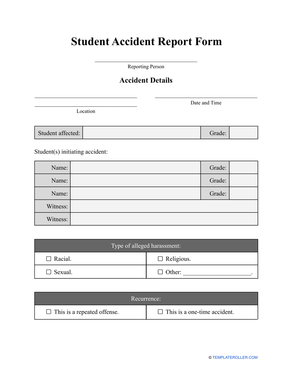 Student Accident Report Form - Table, Page 1