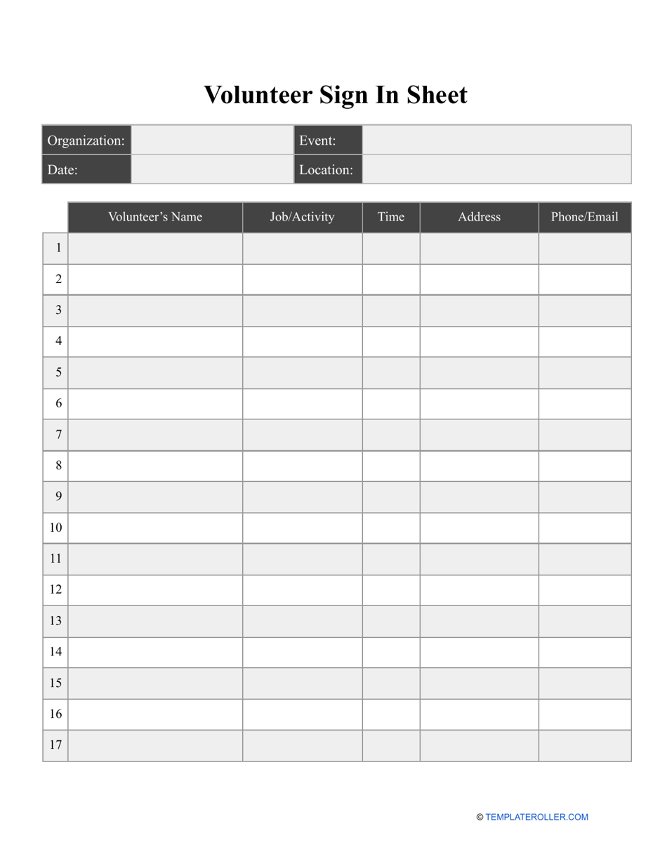 Volunteer Sign in Sheet Template Preview