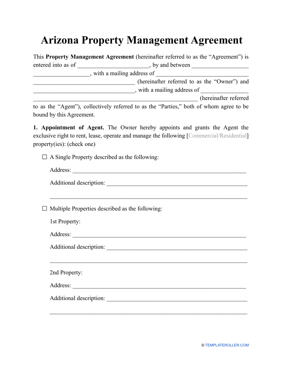 Property Management Agreement Template - Arizona, Page 1