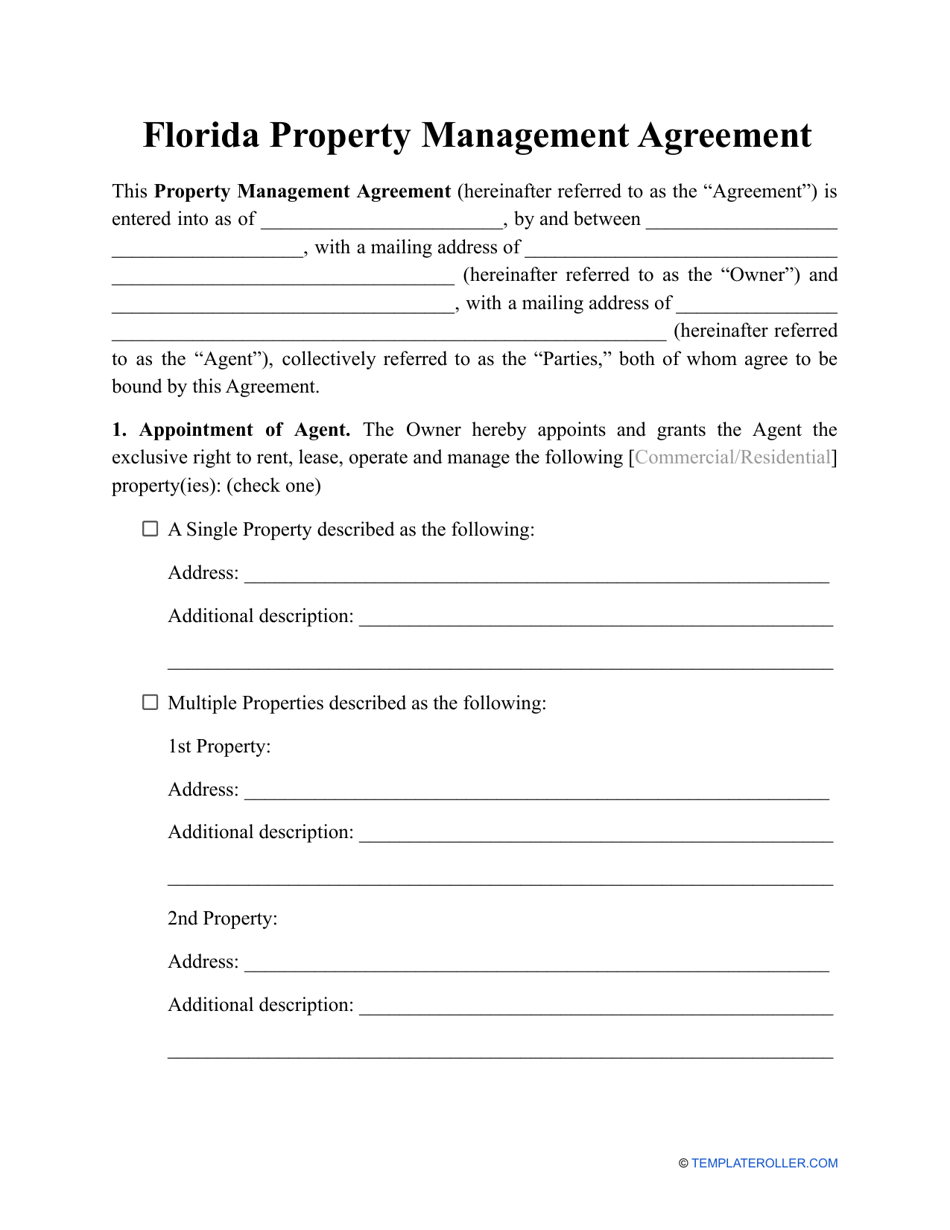 Property Management Agreement Template - Florida, Page 1